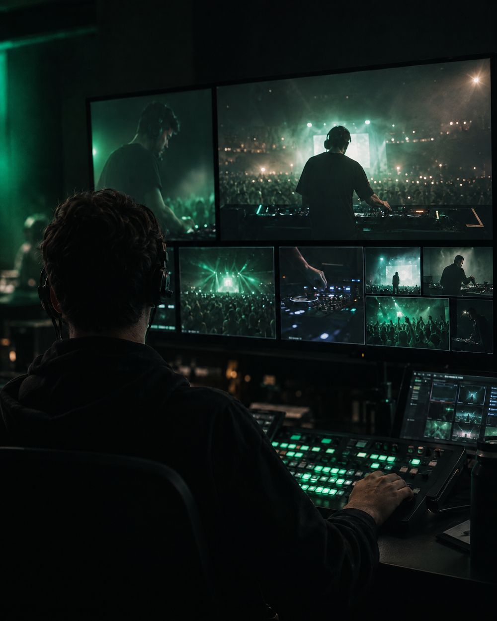 A live control room, the video switcher and the monitors
