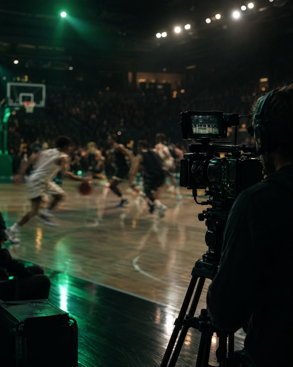 A game in an arena, the camera on the sideline